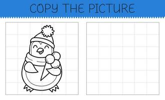 Copy the picture is an educational game for kids with cute penguin with ice cream. Cute cartoon penguin coloring book. Vector illustration