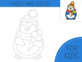 Trace and color coloring book with penguin with ice cream for kids. Coloring page with cartoon penguin. Vector illustration for kids