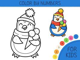 Color by numbers coloring page for kids with cute penguin with ice cream. Coloring book with cartoon penguin with an example for coloring. Monochrome and color versions. Vector illustration