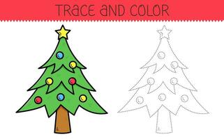 Trace and color coloring book with christmas tree for kids. Coloring page with cartoon christmas tree. Vector illustration