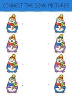 Connect the same pictures game with cartoon penguin with ice cream. Children's game with cute penguin. Vector illustration