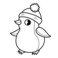 Penguin in the hat coloring book for kids. Coloring page. Monochrome black and white illustration. Vector children's illustration.