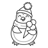 Penguin with ice cream coloring book for kids. Coloring page. Monochrome black and white illustration. Vector children's illustration