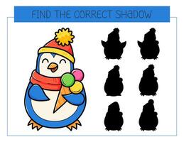 Find the correct shadow game with penguin with ice cream. Educational game for children. Cute cartoon penguin. Shadow matching game. Vector illustration