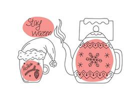 Hot drink. Tea in a cup, teapot. Stay warm. Kettle. Winter season. vector