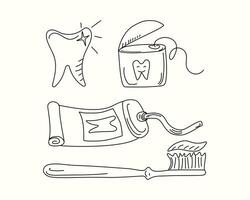 Toothpaste and toothbrush. Dental care. Doodle set. vector