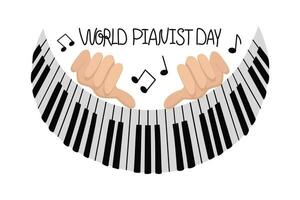 Hands pianist. World Piano Day. Hands and piano keys. Music notes. Musical instrument. Lettering. vector