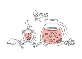 Hot drink. Ginger tea in a teapot and cup. Winter season. vector