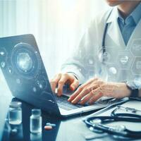 Doctor use laptop trying to develop new and more advanced medicines  ai generative photo