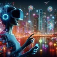 Virtual reality headset and high tech cyberspace futuristic Artificial intelligence  ai generative photo
