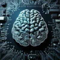 Creative design of brain on motherboard circuit progress futuristic artificial intelligence ai generative photo