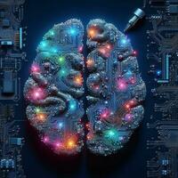 Creative design of brain on motherboard circuit progress futuristic artificial intelligence ai generative photo