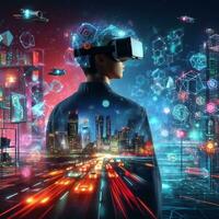 Virtual reality headset and high tech cyberspace futuristic Artificial intelligence  ai generative photo