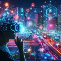 Virtual reality headset and high tech cyberspace futuristic Artificial intelligence  ai generative photo