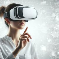 women in VR headset explores innovation and 3D technology for futuristic world ai generative photo