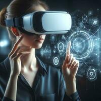 women in VR headset explores innovation and 3D technology for futuristic world ai generative photo