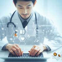 Doctor use laptop trying to develop new and more advanced medicines  ai generative photo