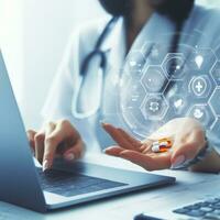 Doctor use laptop trying to develop new and more advanced medicines  ai generative photo