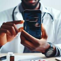 telesalud tecnología para médico desarrollando tratamiento con teléfono inteligente ai generativo foto