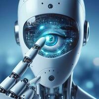 Robots sensory interaction AI with holds a hand near the eye ai generative photo