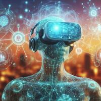 Digital horizon with merging humanity in VR headset ai ai generative photo