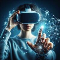 Digital horizon with merging humanity in VR headset ai ai generative photo