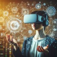 Digital horizon with merging humanity in VR headset ai ai generative photo