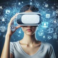 Digital horizon with merging humanity in VR headset ai ai generative photo