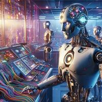 Ai robots typing on keyboards for developing artificial intelligence technology ai generative photo
