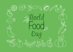 Frame banner with set of vegetables, fruits. World Food Day. Line art. The food is vegetarian organic. vector