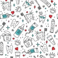 Pattern Hand drawn dental vector set. Toothpaste, cartoon tooth, dental floss and toothbrush in doodle style. Dental care. Healthy tooth and diseased tooth.