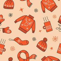 Seamless pattern of warm cozy knitted clothes. Christmas holiday, New Year. Vector winter accessories, doodle style. Hot drink in a mug. Christmas ornament.