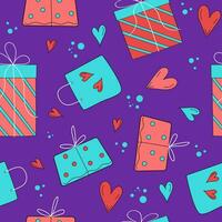 Vector pattern. Set - gifts, hearts, festive packaging. Seamless background, texture.