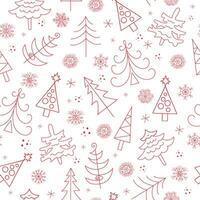 Pattern Christmas trees and snowflakes in doodle style. New Year vector illustration.