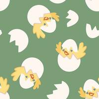 Chicken hatched from egg. Vector seamless pattern on green background