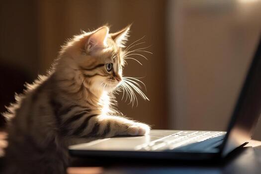 linda pequeño gato trabajando en ordenador portátil. ai generado. foto