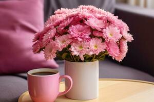 Cup of coffee and chrysanthemum bouquet. Generative AI photo