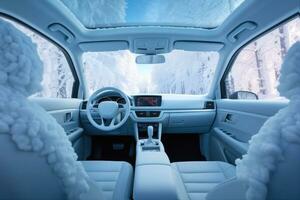 Frozen car interior. Driving in winter season. Generative AI photo