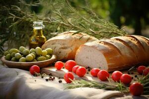 aceituna aceite, un pan y vegetales en mesa al aire libre. generativo ai foto