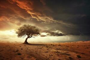 Lonely tree in desert landscape with stormy sky. Generative AI photo