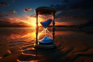 Hourglass on sand beach at sunset. Generative AI photo