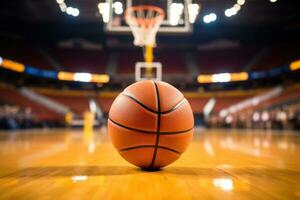 Basketball ball on court with stadium background. Generative AI photo