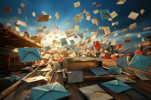Flying envelopes. Digital correspondence. Generative AI photo