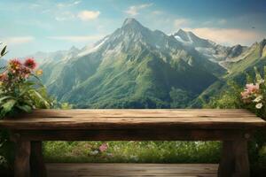 Empty wooden table with mountains background. Generative AI photo