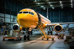 avión mantenimiento en hangar. generativo ai foto