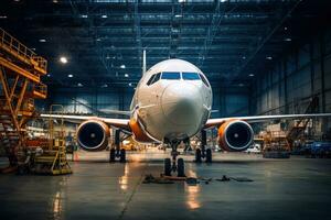 avión mantenimiento en hangar. generativo ai foto