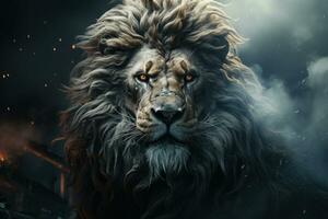 Close up portrait of aggressive lion. Generative AI photo