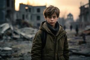 Little boy standing in ruins during war. Generative AI photo