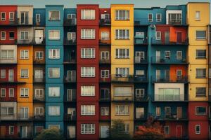 Colored residential building facade with balconies. Generative AI photo