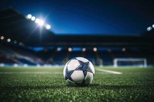 Soccer ball on green grass at sport stadium. Generative AI photo